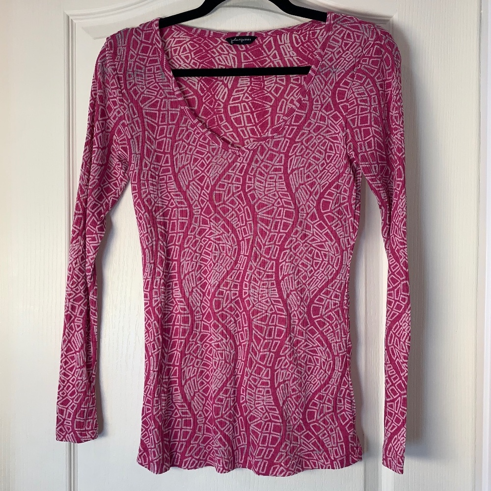 Y2K Sheer Fuchsia Geometric Mesh Top‎ Women L Slim Fit Bold Statement Party